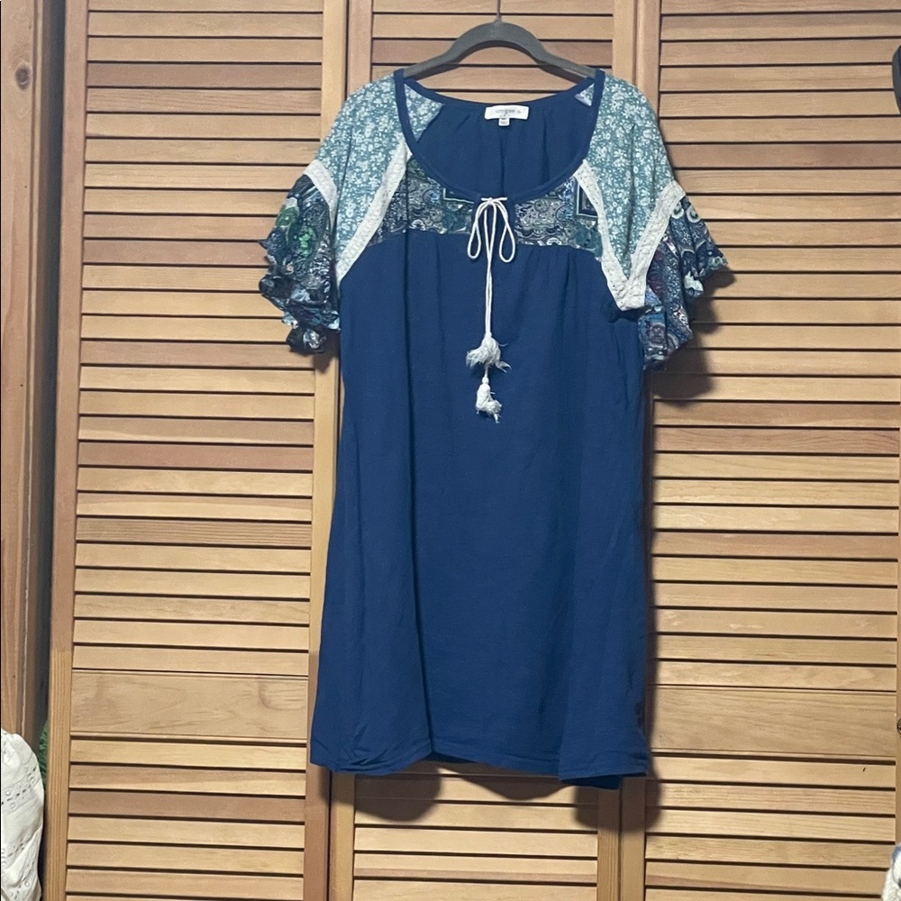 Umgee Short Sleeved Bohemian Tunic with Tassels Size 1X Blue/Multi-Color